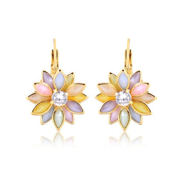 18K Gold Layered Oro Laminado Blue or Multi-Color Flower Design Leverback Earrings 21.0011/6/30 (More Colors)